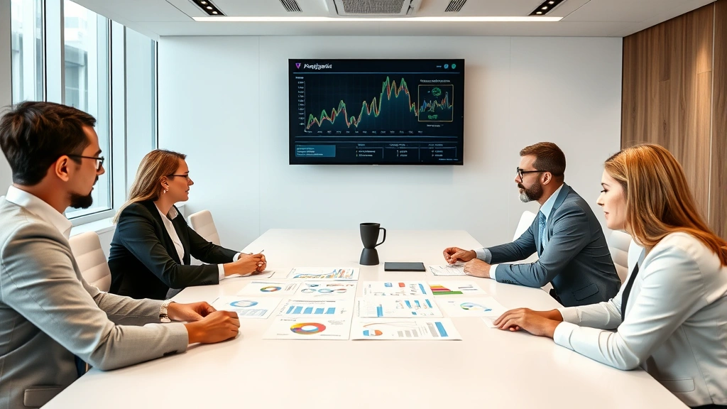 Corporate meeting room with business professionals examining reports and charts on table, modern conference setup with digital displays showing analytics, collaborative atmosphere