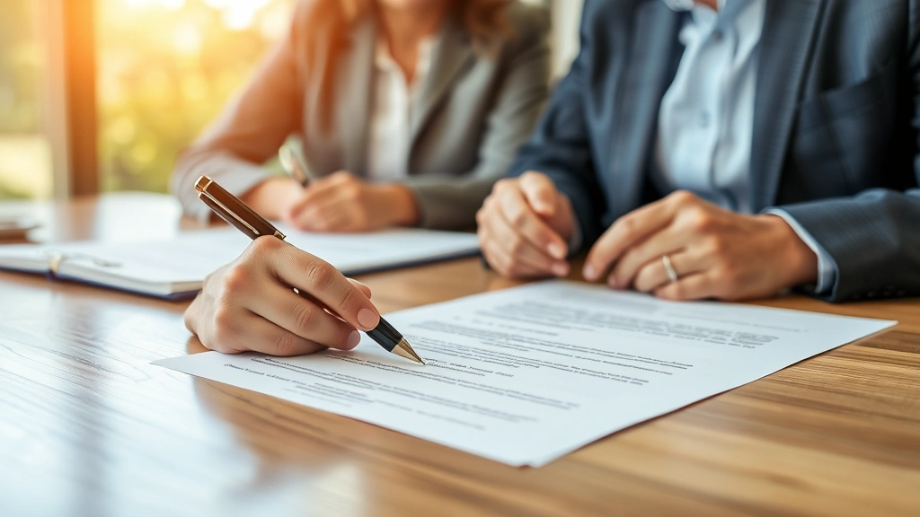 Close-up of real estate closing table with title documents, pen, property deed, and professional title agent explaining paperwork to satisfied homebuyer and seller, natural lighting, corporate atmosphere