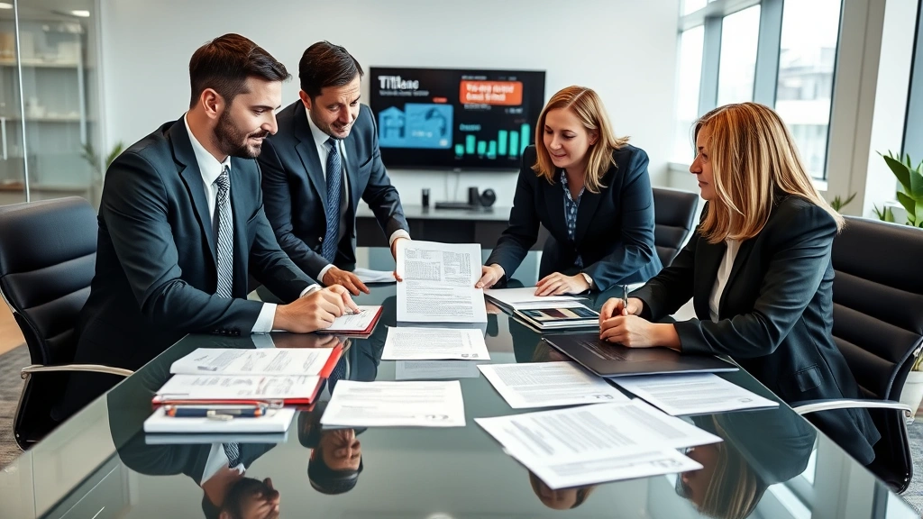 Team of title company professionals in business attire collaborating around conference table with property records, title insurance policies, and transaction documents, modern office setting with digital displays