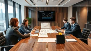 Professional CEO in modern corporate office conducting strategic planning meeting with executive team members reviewing growth charts and market data on conference table