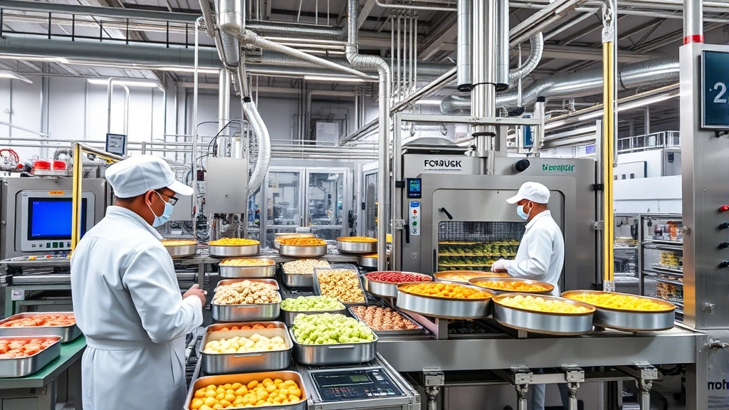 State-of-the-art food manufacturing facility with advanced automation equipment, quality control monitoring systems, and workers in professional attire managing production processes