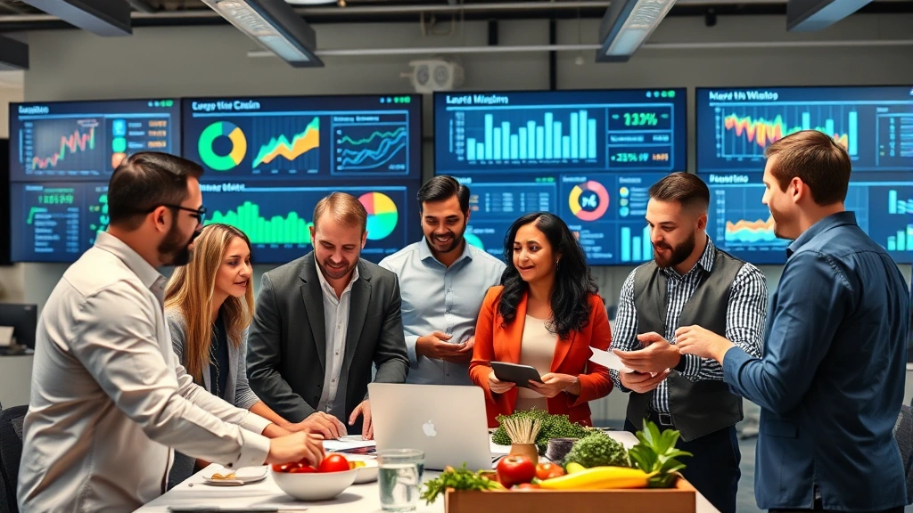 Diverse team of food industry professionals collaborating in contemporary office environment with digital displays showing supply chain analytics, customer data dashboards, and market performance metrics