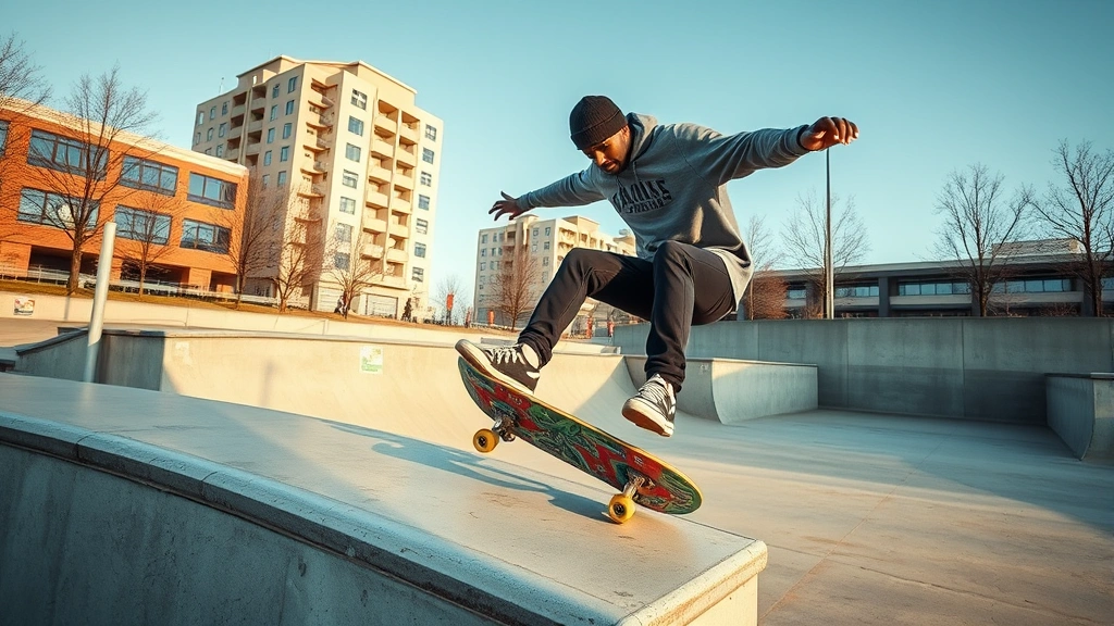 Professional skateboarder performing technical trick in urban concrete skate park environment, wearing branded apparel, captured from dynamic action angle with natural lighting