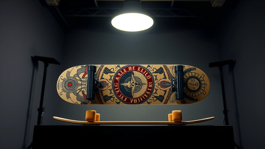 Vintage skateboard deck displayed in professional studio setting with dramatic overhead lighting, showcasing intricate graphic design and artistic detail, neutral background