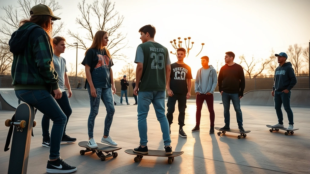 Diverse group of young skateboarders gathering at outdoor skate park during golden hour, demonstrating community engagement and lifestyle culture, natural candid composition