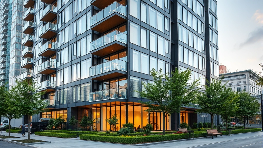 Modern luxury apartment building exterior with sleek glass and metal facade, contemporary architectural design, well-maintained landscaping with trees and shrubs, urban downtown location, professional photography, daytime lighting