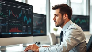Professional businessman in modern office reviewing data analytics on multiple computer monitors, focused expression, natural lighting from windows, corporate environment with minimalist design