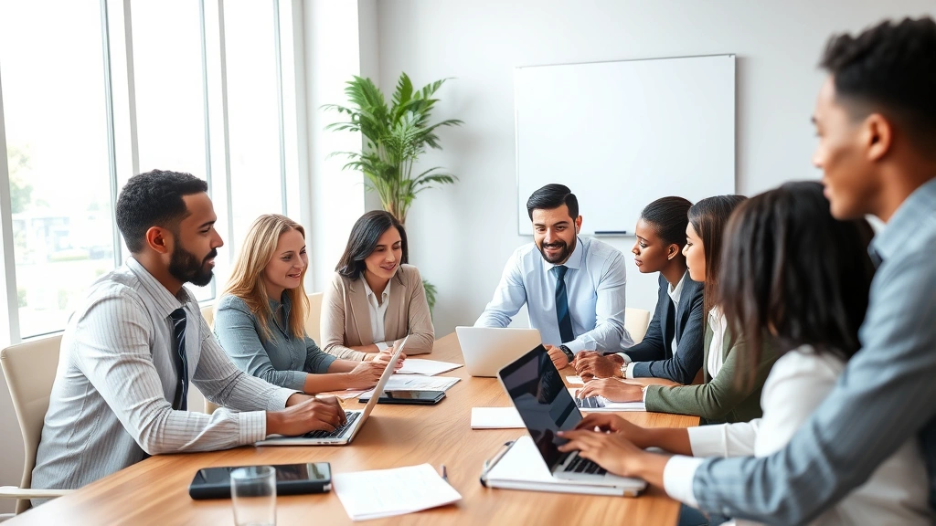 Diverse team of business professionals in collaborative meeting, discussing strategy around conference table with notebooks and laptops, inclusive workplace atmosphere, natural daylight