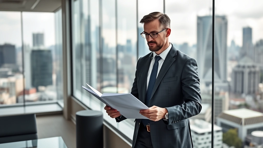 Senior executive in contemporary office space overlooking city skyline, standing confidently while reviewing strategic documents, modern corporate architecture, professional business attire
