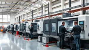 Modern manufacturing facility with precision machining equipment and skilled workers operating CNC machines in well-lit industrial setting, emphasizing advanced technology and professional workspace