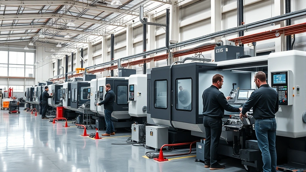 Modern manufacturing facility with precision machining equipment and skilled workers operating CNC machines in well-lit industrial setting, emphasizing advanced technology and professional workspace