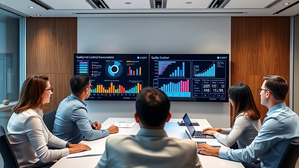 Professional business team in conference room reviewing quality control documentation and performance metrics on large display screens, demonstrating corporate oversight and strategic planning