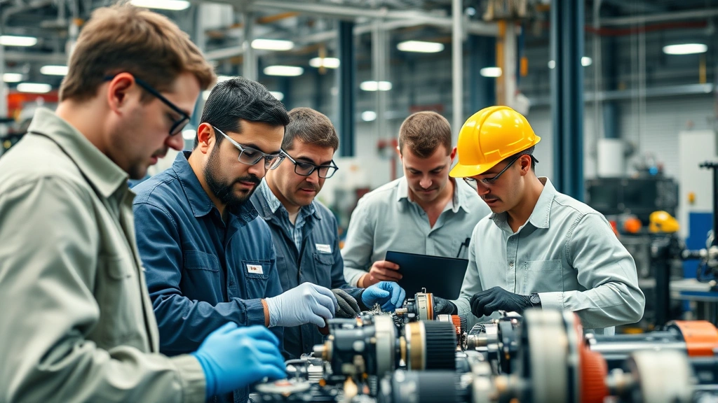Diverse workforce of engineers and technicians in manufacturing environment inspecting precision components, showcasing quality assurance processes and skilled labor collaboration