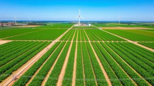 Aerial view of large-scale agricultural fields with green crops in organized rows under clear blue sky, showing irrigation equipment and farm infrastructure