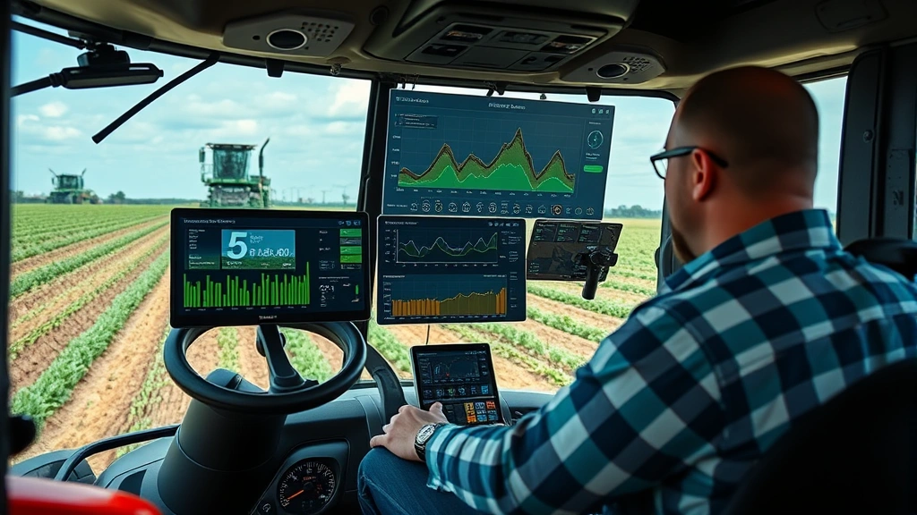 Modern farm equipment operator in tractor cabin monitoring digital dashboard with real-time crop and soil data, precision agriculture technology display