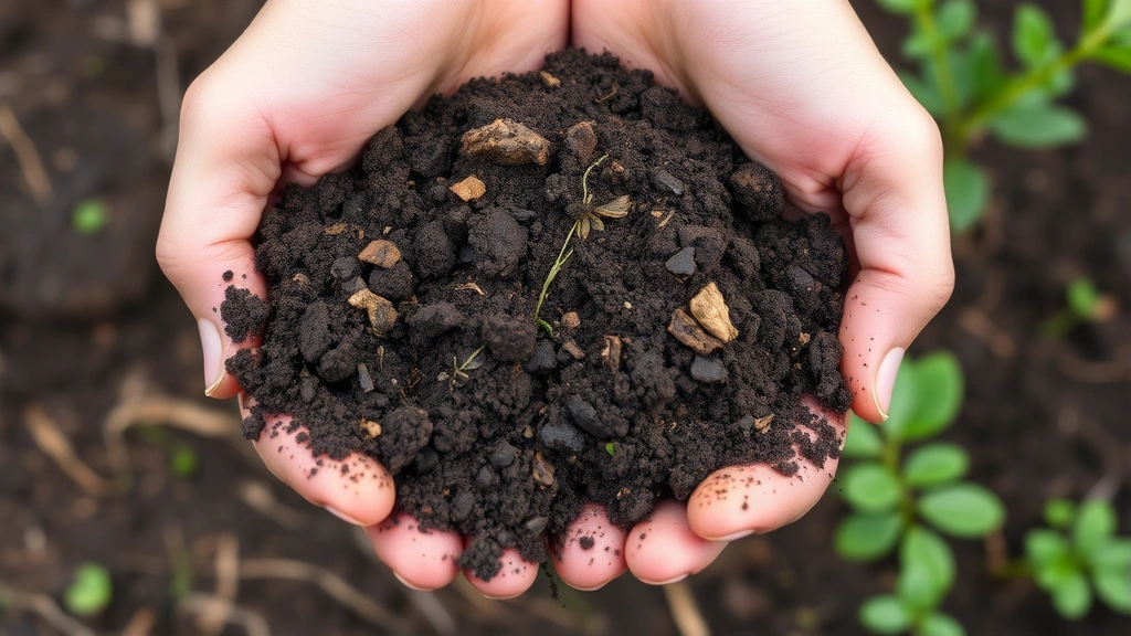 Hands holding rich dark soil with visible organic matter and crop residue, demonstrating healthy agricultural soil in natural outdoor farm setting