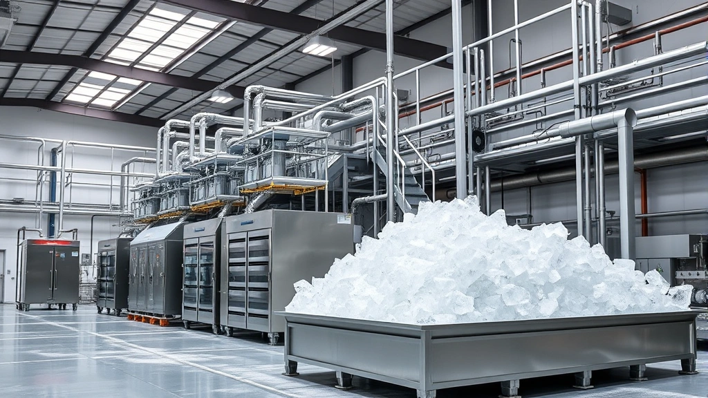 Professional photograph of modern ice production facility with industrial-scale equipment, stainless steel ice-making machines, and refrigeration systems in a clean, well-lit warehouse environment