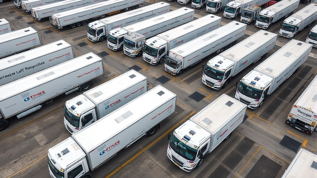 Aerial view of a fleet of refrigerated delivery trucks parked in organized rows at a distribution center, showing branded vehicles ready for daily routes
