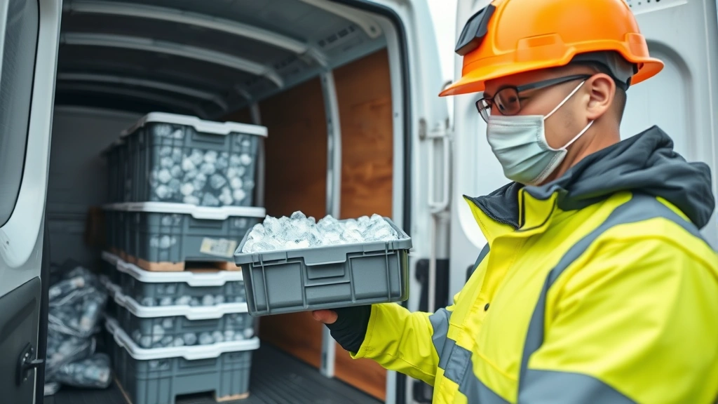 Close-up of a delivery worker loading insulated containers of ice into a refrigerated van, wearing safety gear, demonstrating last-mile logistics operations