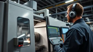 Precision CNC machining center with skilled technician monitoring advanced manufacturing equipment in modern industrial facility, close-up of metalwork and machine controls