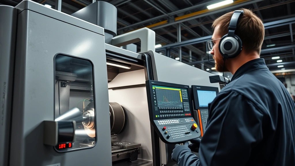 Precision CNC machining center with skilled technician monitoring advanced manufacturing equipment in modern industrial facility, close-up of metalwork and machine controls