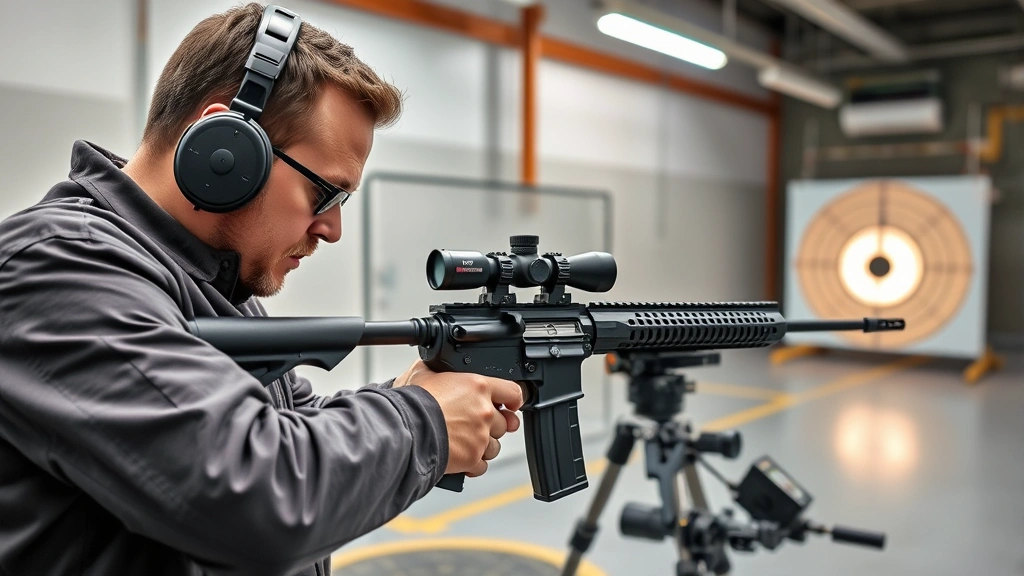 Professional firearms testing range with quality control engineer performing accuracy testing on completed rifle, measuring instruments and calibration equipment visible