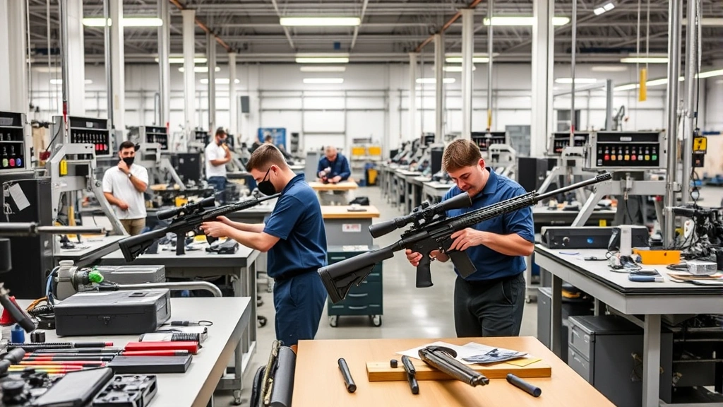 Modern manufacturing workspace showing organized workstations, precision tools, and employees in professional attire collaborating on custom rifle assembly and quality verification