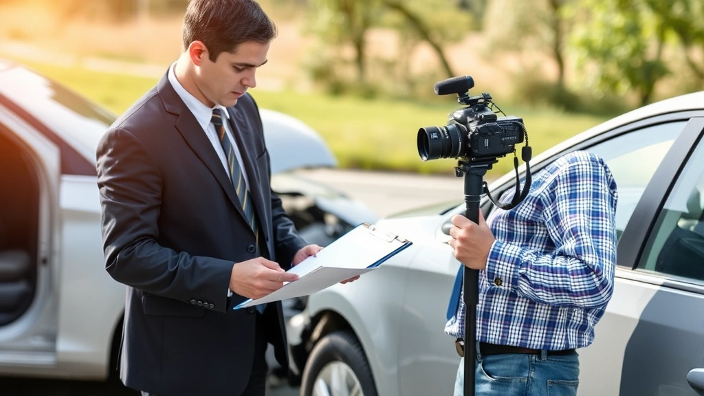 Claims adjuster examining vehicle damage after accident, professional assessment, clipboard and camera equipment visible, outdoor daylight setting