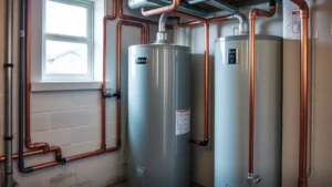 Modern residential water heater unit installed in a basement utility room with copper piping connections, professional plumbing work, clean industrial setting, natural lighting from window