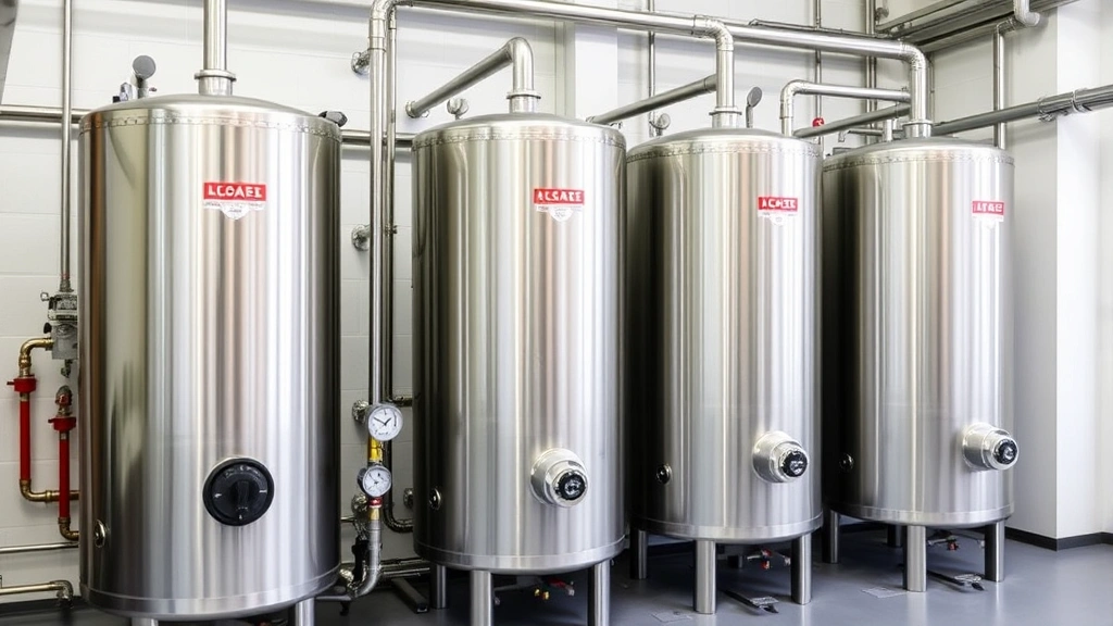 Commercial water heating system with multiple large capacity tanks in an industrial facility, stainless steel construction, professional installation with complex piping infrastructure and pressure gauges