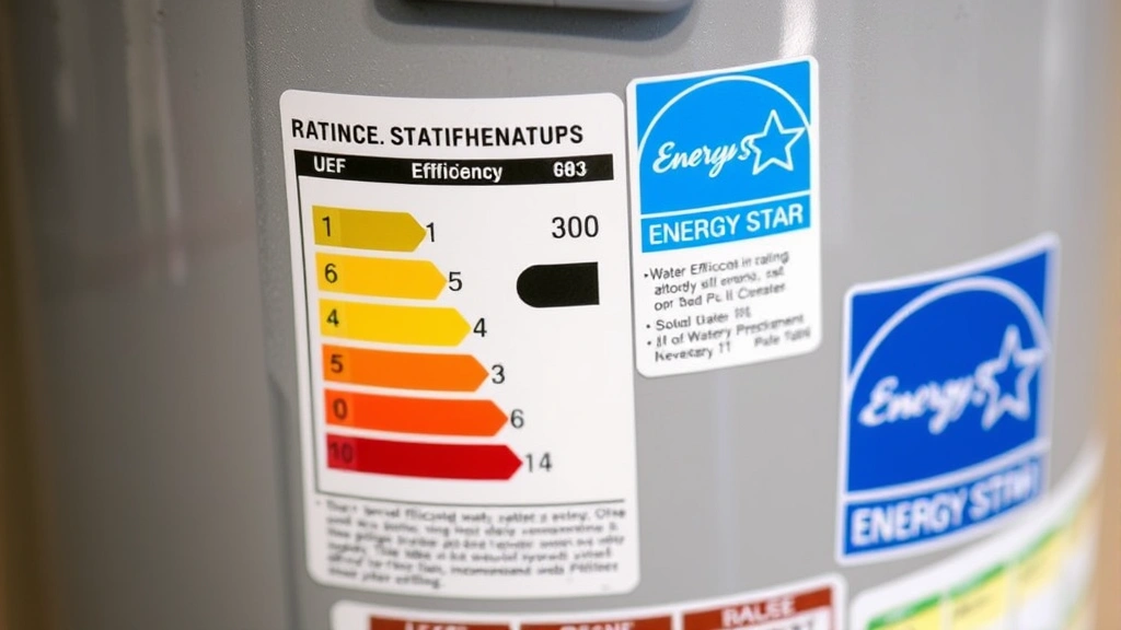 Close-up of water heater efficiency rating label and specifications, showing UEF numbers and Energy Star certification badge, professional documentation display on equipment