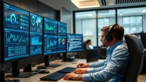 Professional IT operations team monitoring multiple computer screens displaying system dashboards and performance metrics in modern control room environment, focused expressions, real-time data visualization