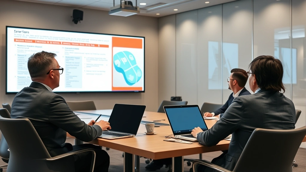 Business executives in conference room reviewing incident response procedures during crisis simulation drill, discussing recovery strategies with serious engagement, professional setting