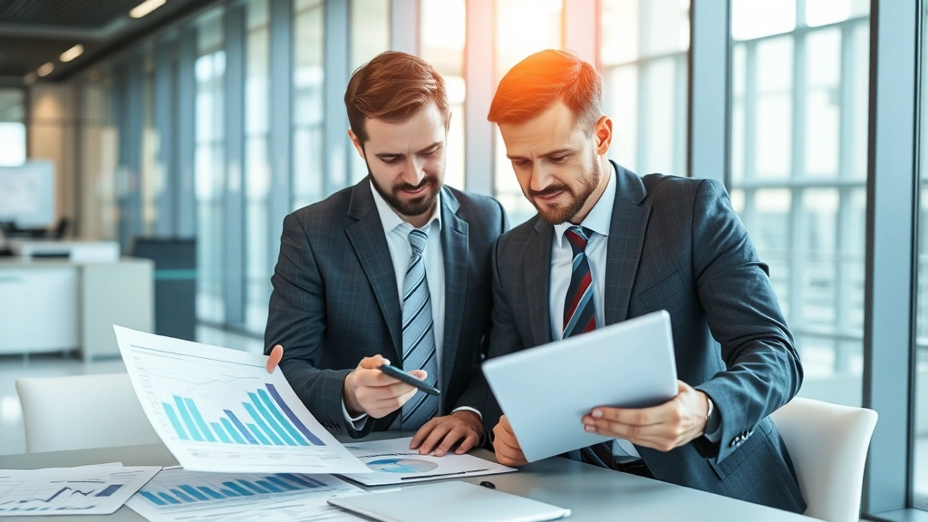 Professional business executives reviewing financial growth charts and market analysis data on tablet and documents in modern corporate office setting, focused expressions analyzing strategic planning