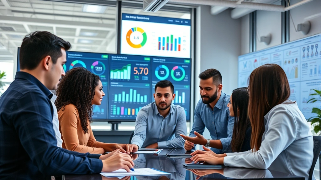 Diverse team of employees collaborating in contemporary office space with digital displays showing operational metrics and performance dashboards, demonstrating organizational capability and teamwork