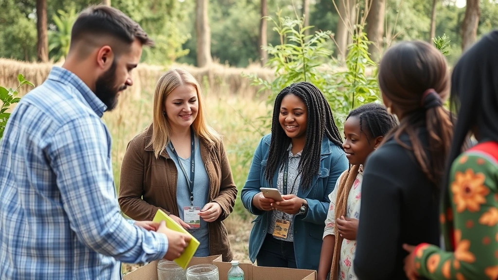 Corporate sustainability initiative in action showing company representatives engaging with community members at environmental or social responsibility project, reflecting stakeholder commitment and values