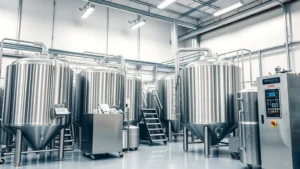 Professional cider production facility with stainless steel fermentation tanks, quality control laboratory, and modern manufacturing equipment in industrial setting, photorealistic corporate environment