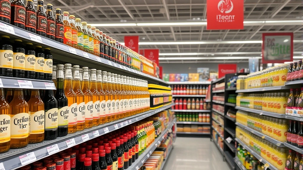 Retail store beverage aisle displaying premium cider bottles with prominent shelf placement, professional lighting highlighting packaging design, diverse consumer products arranged strategically