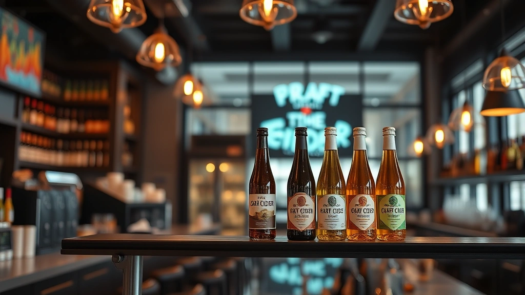 Upscale bar or restaurant interior with craft cider bottles displayed on premium shelf positioning, warm ambient lighting, sophisticated establishment aesthetic, professional hospitality environment