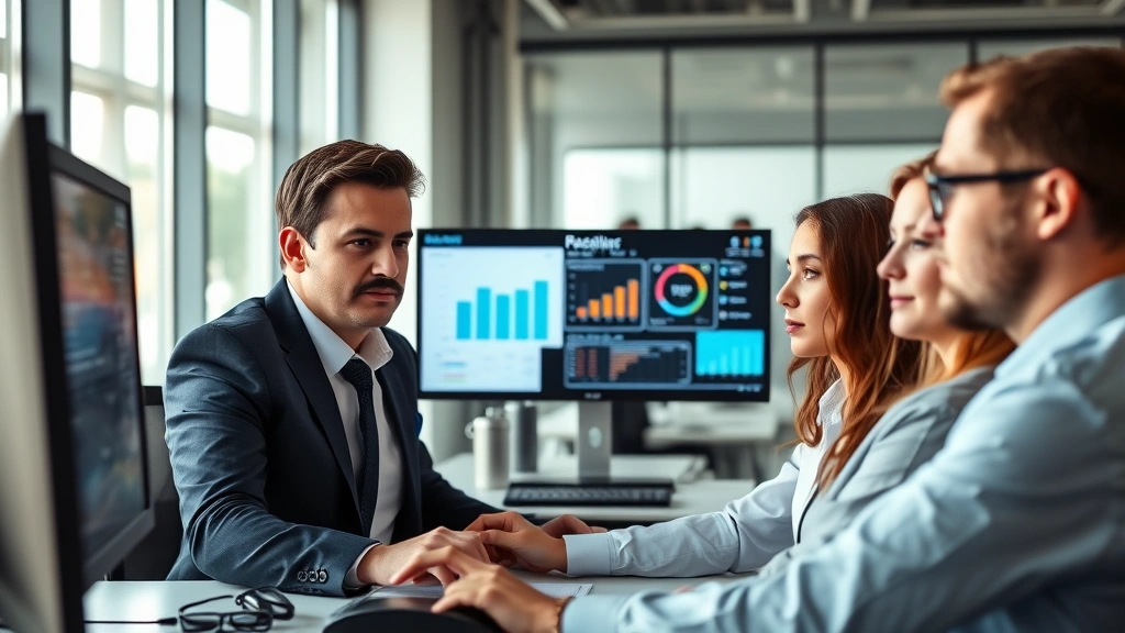 Corporate professional team in modern office reviewing software dashboard on multiple monitors, serious focused expressions, contemporary business environment, natural lighting, diverse professionals collaborating