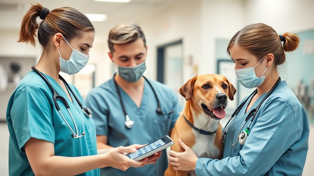 Veterinary clinic staff using tablet device during animal examination, modern medical facility background, professional healthcare setting, natural interaction, bright clinical environment