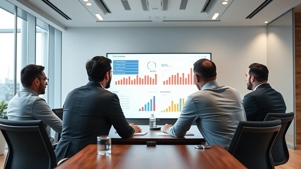Enterprise business meeting with executives reviewing performance analytics on large screen display, conference room setting, professional attire, strategic planning atmosphere, modern office technology