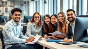Professional team of young people smiling while sitting together in a modern office space with computers and notebooks, representing community collaboration and engagement in a business environment