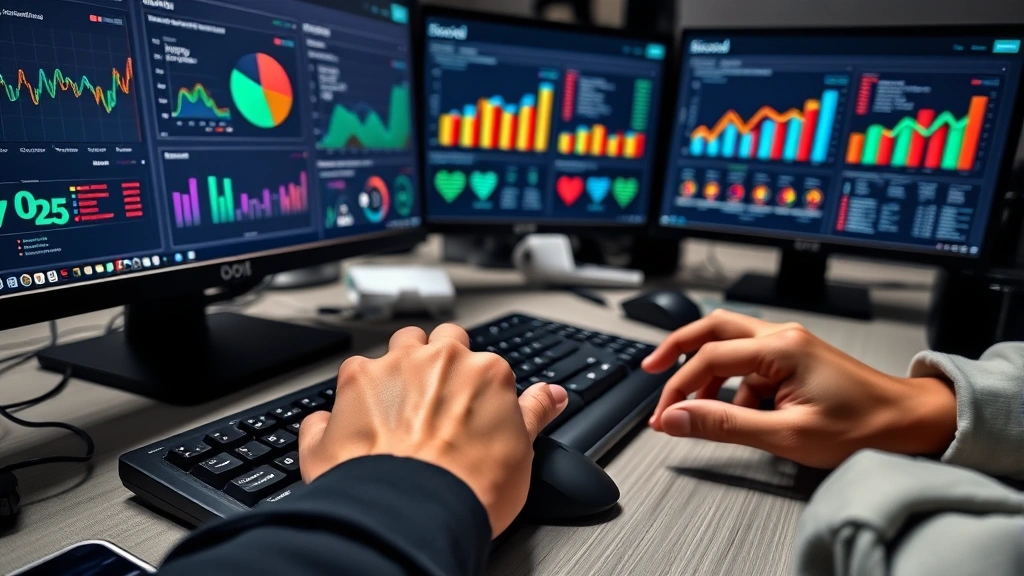 Close-up of diverse hands typing on keyboard and using mouse at desk with multiple monitors showing data analytics dashboards and community metrics, symbolizing Discord management and community growth tracking