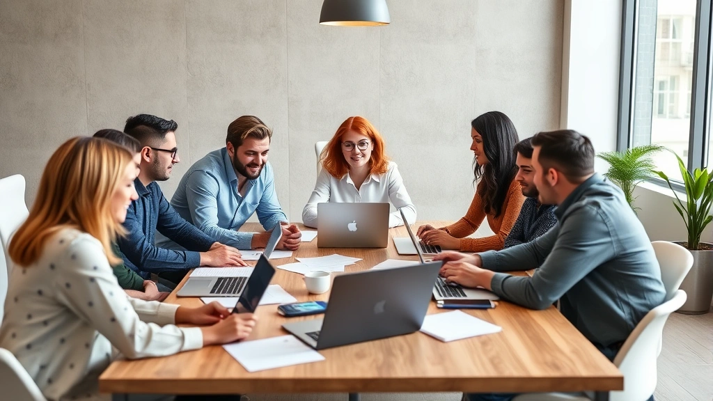 Group of diverse professionals having an animated discussion around a conference table with laptops and documents, demonstrating active community leadership and strategic planning for online communities