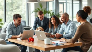 Professional team of diverse pet industry professionals collaborating in modern office space with laptops and product prototypes, natural lighting, contemporary furniture, focused discussion atmosphere