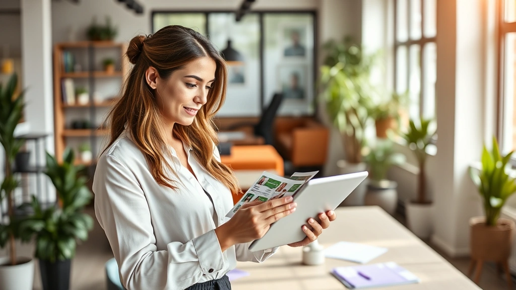 Professional female entrepreneur in modern office holding tablet reviewing pet nutrition product samples, bright natural lighting, contemporary workspace with plants, warm professional atmosphere