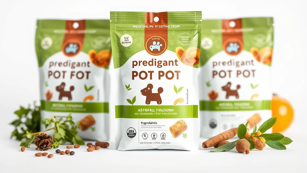Close-up of premium pet food packaging on white background with fresh ingredients visible, sustainable eco-friendly packaging design, professional product photography, natural lighting highlighting quality