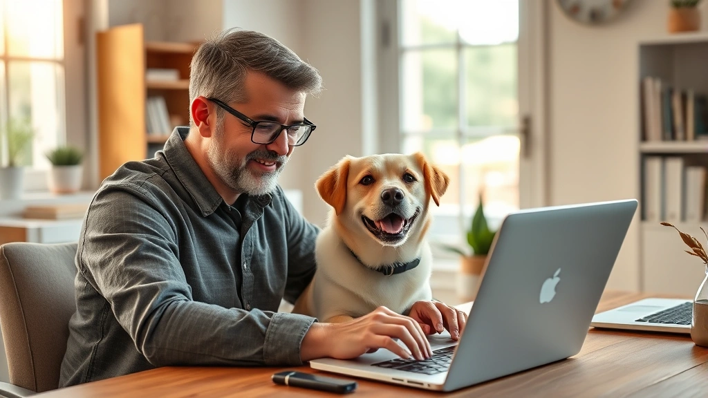 Pet owner with happy dog reviewing products on laptop at home desk, natural warm lighting, comfortable home office setting, authentic genuine expression of satisfaction and connection