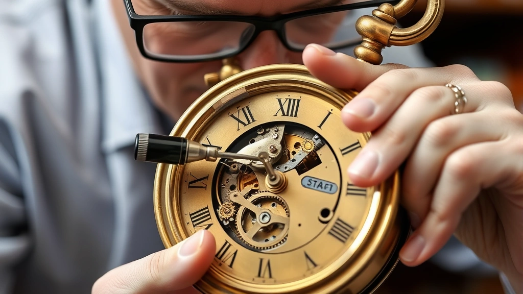 Professional antique clock appraiser carefully examining the internal movement mechanism of a vintage brass clock with jeweler's loupe, showing meticulous detail work and expertise in horological assessment